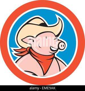 Tête de cochon Cowboy Circle Cartoon Illustration de Vecteur