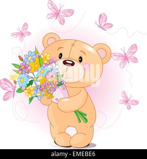 Ours en peluche rose avec des fleurs Illustration de Vecteur