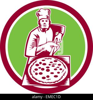 Pizza Pizza Maker Holding Cercle Peel gravure sur bois Illustration de Vecteur