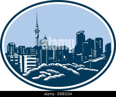 Auckland City Skyline Woodcut Retro Illustration de Vecteur