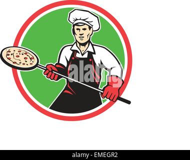 Pizza Maker Holding Retro Circle Peel Illustration de Vecteur