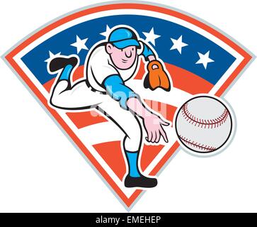 American Baseball Pitcher Throwing Ball Cartoon Illustration de Vecteur