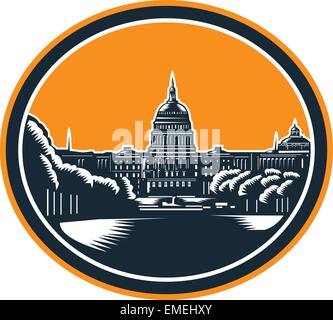 United States Capitol Building Woodcut Retro Illustration de Vecteur