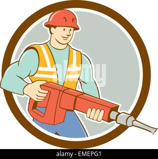 Construction Worker Jackhammer Circle Cartoon Illustration de Vecteur