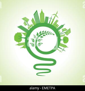 Ecology concept - eco paysage urbain avec la lumière de l'ampoule et l'icône feuille stock vector Illustration de Vecteur