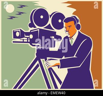 L'équipe du film cameraman vidéo Vintage Movie Camera Illustration de Vecteur