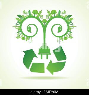 Ecology Concept - eco paysage urbain avec des feuilles et bouchon électrique. vector illustration Illustration de Vecteur