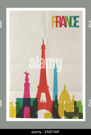 Billet France landmarks skyline vintage poster Illustration de Vecteur