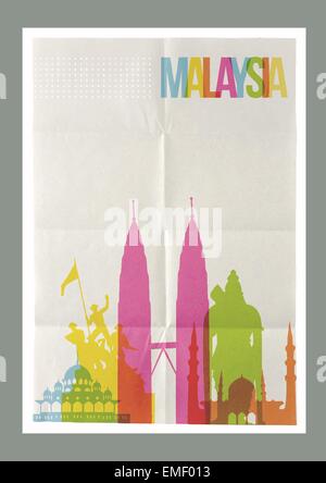 La Malaisie voyage landmarks skyline vintage poster Illustration de Vecteur