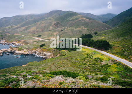 Vue sur autoroute de la côte Pacifique et les montagnes le long de la côte à Garrapata State Park, Californie. Banque D'Images