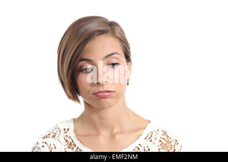 Portrait de femme avec expression d'ennui isolé sur fond blanc Banque D'Images