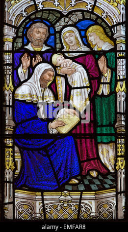 Jérusalem, Israël - 5 mars 2015 : La naissance de st. Jean le Baptiste scène sur la vitre à st. George église anglicans Banque D'Images