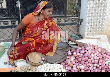 Smiling Indian woman selling l'ail et le gingembre dans un marché hebdomadaire Kanha National Park Le Madhya Pradesh Inde Banque D'Images