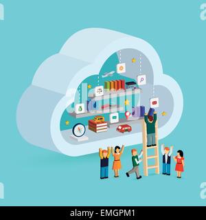 Concept de services de cloud computing infographie 3D isométrique avec un homme tenant un livre à partir d'internet Illustration de Vecteur