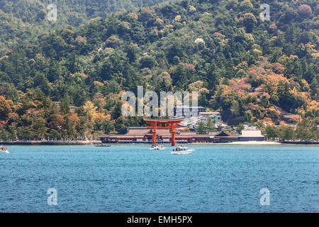 Vue de la côte de l'île de Miyajima avec Shinto torii sacré et d'Itsukushima, Japon Banque D'Images