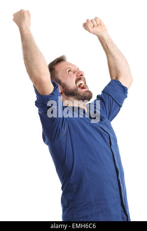 Homme heureux euphorique criant et raising arms isolé sur fond blanc Banque D'Images