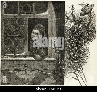 Jeune fille à la fenêtre, à la maison des oiseaux dans le jardin. La gravure sur bois victorien du 1890 Banque D'Images