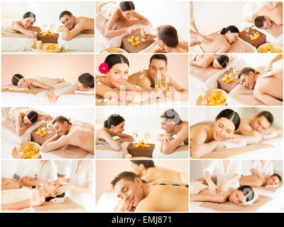 Famille heureuse en couple spa salon Banque D'Images