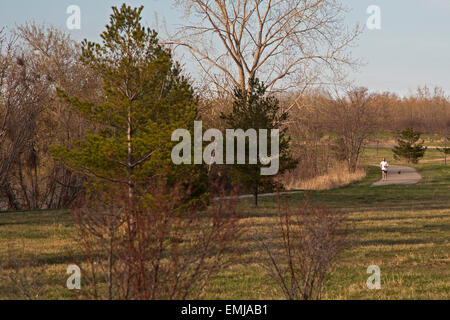 Monroe, Michigan - Un homme s'exécute sur un sentier de Sterling State Park. Banque D'Images