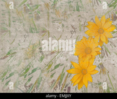 Résumé fond texturé vintage avec trois grandes marguerites jaunes et verts d'accidents vasculaires cérébraux Banque D'Images