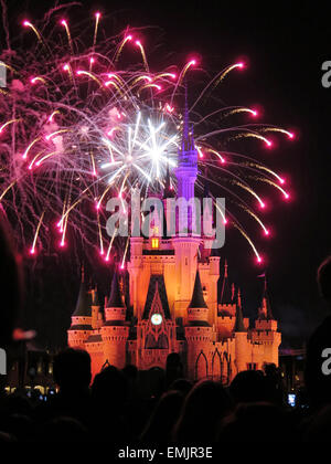 La fameuse nuit d'artifice spectaculaire tient à la Disney Magic Kingdom Château à Orlando, en Floride, le 7 février, 2015 Banque D'Images