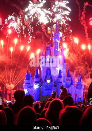 La fameuse nuit d'artifice spectaculaire tient à la Disney Magic Kingdom Château à Orlando, en Floride, le 7 février, 2015 Banque D'Images