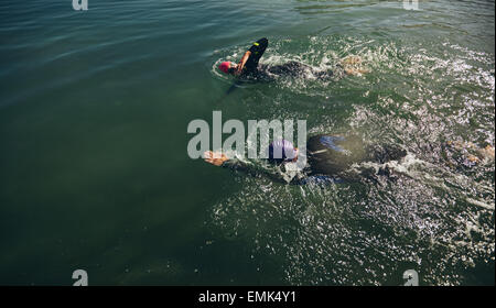 Vue de dessus d'athlètes pratiquant la natation pour triathlon. Formation de triathlon dans l'eau ouverte. Banque D'Images