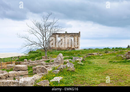 Anciennes ruines grecques dans la zone archéologique de Morgantina, Sicile, Italie Banque D'Images
