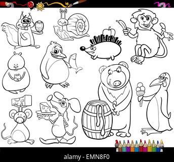 Livre de coloriage Cartoon Illustration Ensemble d'animaux drôles avec leur aliment préféré Illustration de Vecteur