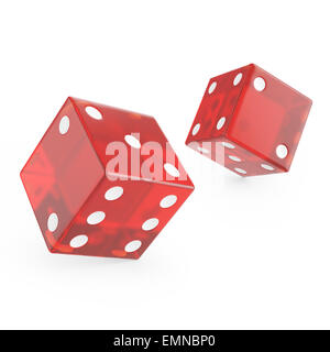 Dés en verre rouge isolé sur fond blanc. Banque D'Images