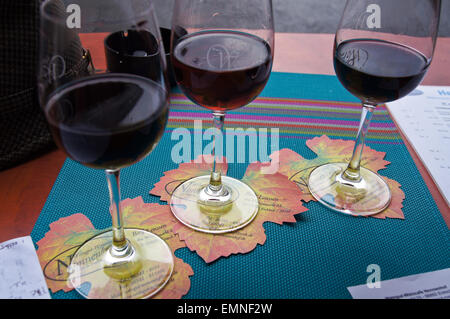 Une dégustation de trois vins rouges de la Moselle, Weincafe Nonnenhof, Enkirch, Mosel, Rheinland-Pfalz, Allemagne Banque D'Images