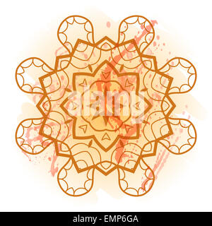 Mandala Oriental ronde motif Motif lase sur le fond jaune, comme la peinture ou flocon de couleur orange mehndi. Backg ethniques Banque D'Images