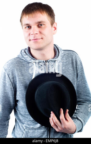 Young man in hat isolated on white Banque D'Images