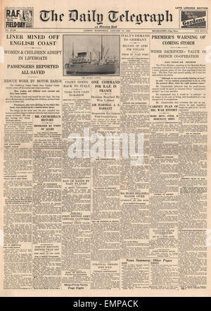 1940 front page Daily Telegraph Naufrage de Dunbar Castle Banque D'Images