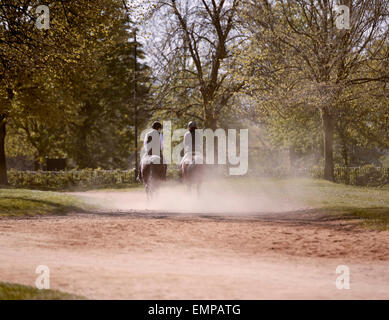 Deux cavaliers photographiés par derrière, laissant la poussière dans l'air que les chevaux passer. Des couleurs chaleureuses dans les tons ocre dans les pans de l'image. Banque D'Images