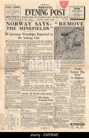 1940 front page Bristol Evening Post La Norvège exige l'élimination des mines posées par les flottes alliées dans les eaux norvégiennes Banque D'Images