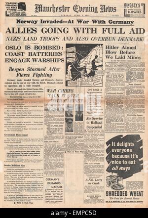 1940 front page Manchester Evening News l'Allemagne envahit la Norvège Banque D'Images