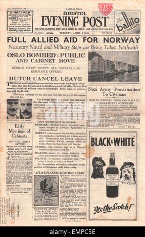 1940 front page Bristol Evening Post l'Allemagne envahit la Norvège assure l'aide militaire des Alliés Banque D'Images