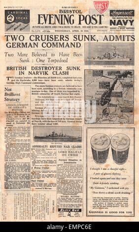 1940 front page Bristol Evening Post croiseurs allemands Blucher Karlsruhe coulé au large de la Norvège Banque D'Images