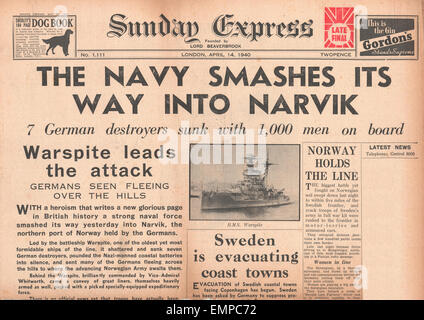 1940 front page Express dimanche les forces britanniques attaquent Narvik Banque D'Images