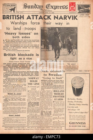 1940 front page Express dimanche les forces britanniques attaquent Narvik Banque D'Images