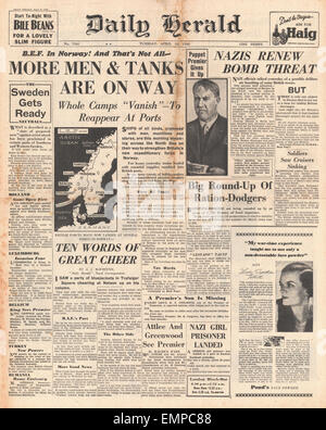 1940 front page Daily Herald les troupes britanniques land en Norvège Banque D'Images