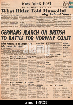 1940 front page New York Post bataille pour la Norvège Banque D'Images