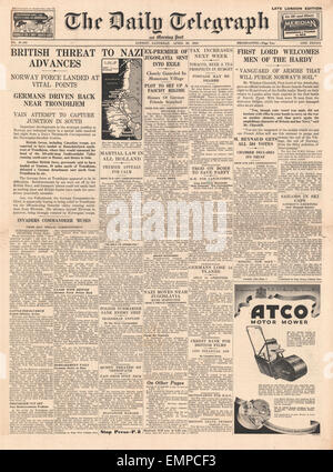 1940 front page Daily Telegraph bataille pour la Norvège Banque D'Images