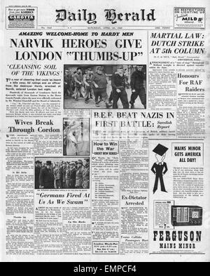 1940 front page Daily Herald survivants du HMS Hardy arriver dans de Narvik Enland Banque D'Images