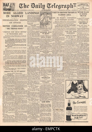 1940 front page Daily Telegraph Plus de troupes britanniques en Norvège des terres Banque D'Images