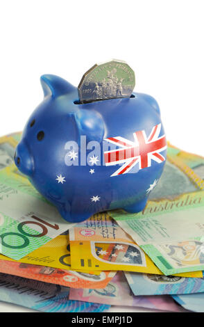 L'argent d'Australie avec tirelire pour l'enregistrement, les dépenses ou la fin de l'année financière la vente. Banque D'Images