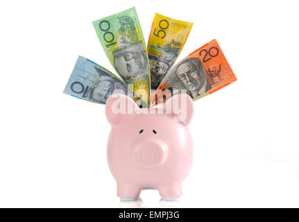 L'argent d'Australie avec tirelire pour l'enregistrement, les dépenses ou la fin de l'année financière la vente. Banque D'Images