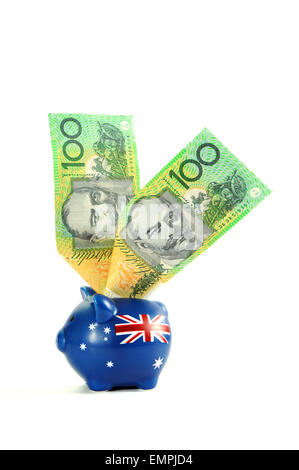 L'argent d'Australie avec tirelire pour l'enregistrement, les dépenses ou la fin de l'année financière la vente. Banque D'Images