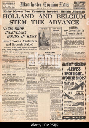 1940 front page Manchester Evening News Les Allemands envahissent la Hollande, la Belgique Luxembourg Banque D'Images